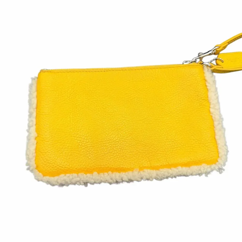 Coach Yellow Leather Shearling Trim Wristlet Pouch